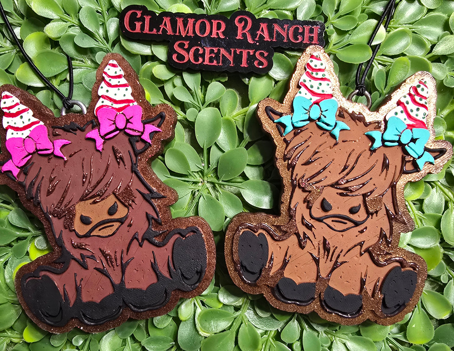 Christmas Highland Cow with trees and bows